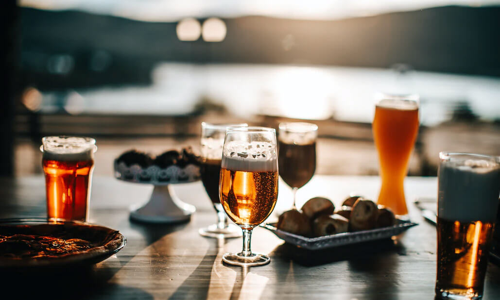 variety of beers at sunset at brewery