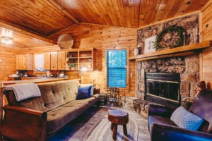 inside cabin with futon and wood fireplace